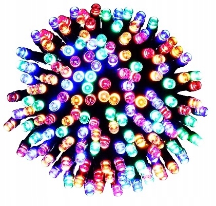 LAMPKI CHOINKOWE 300 LED o barwie multikolor  na ciemnym zielonym kablu. Pakowane w karton.